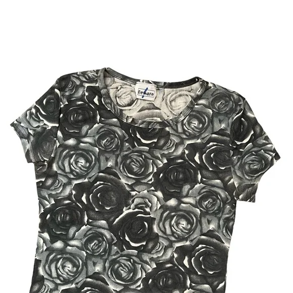 Vintage 90s Y2K Beware Gray Rose Floral Printed Top - Picture 2 of 4
